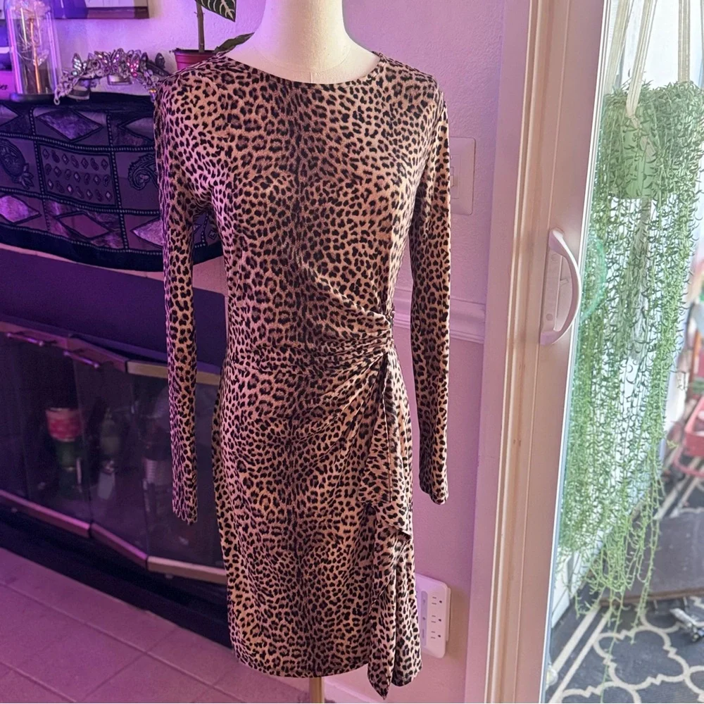 Michael Kors Logo Plate Faux Wrap Leopard Print Dress